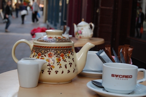 teapot outside sacred cafe